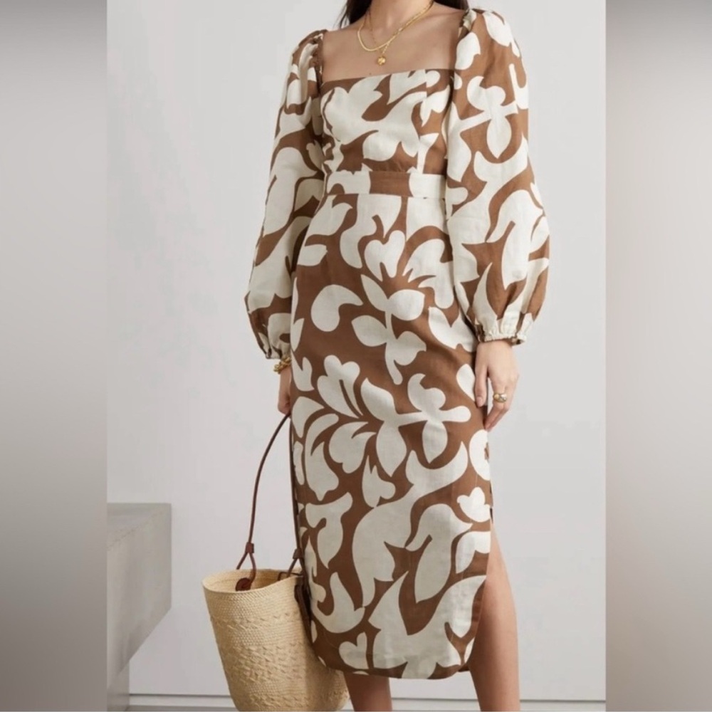RHODE 
Brown and Cream Lottie printed linen midi dress